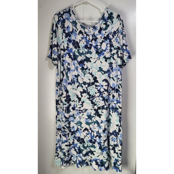 J. Jill Dresses & Skirts - J Jill Women's LG Dress Floral Ruffle Short Sleeve Stretch Blue White Pockets